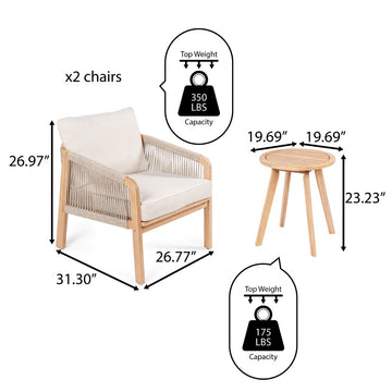Aveiro 3-Piece Modern Bohemian Roped Acacia Wood Conversation Outdoor Patio Set with Cushions - JONATHAN Y
